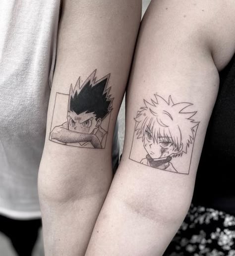 Sibling Anime Tattoos, Hxh Gon Tattoo, Killua X Gon Tattoo Ideas, Gon And Killua Matching Tattoos, Gon And Killua Tattoo Ideas, Killua X Gon Tattoo, Hxh Matching Tattoos, Gon And Killua Tattoo, Hunter X Hunter Tattoo Ideas