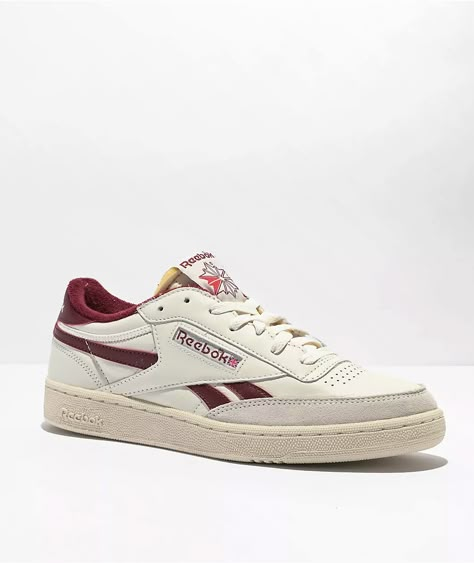 Reebok Club C 85 Revenge Chalk & Burgundy Shoes Vintage Womens Sneakers, Cute Vintage Sneakers, Vintage White Sneakers, Rebook Shoes Vintage, Blue Rebook Shoes, Old School Shoes, Vintage Tennis Shoes, Reebok Club C Revenge Vintage, Vintage Sneakers Retro