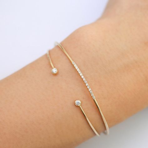 14k gold dahlia diamond open cuff bracelet features .06ctw white diamonds. Luxury Minimalist Open Band Bracelet, Diamond Bracelet Design, Open Cuff Bracelet, Bracelets Gold Diamond, Diamond Bangle, Women Diamond, Tennis Bracelet Diamond, Girly Jewelry, Sea Glass Jewelry