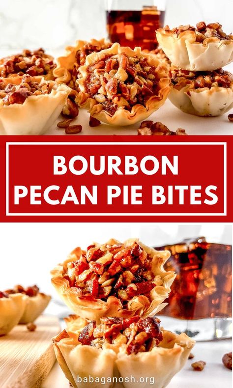 Mini Pecan Cheesecake Bites, Mini Bourbon Pecan Pies, Thanksgiving Desserts Finger Food, Bourbon Pecan Brie Bites, Mini Pecan Pie Bites, Boozy Thanksgiving Dessert, Thanksgiving Desserts Bite Size, Burbon Pecan Pie, Pecan Pie Cups