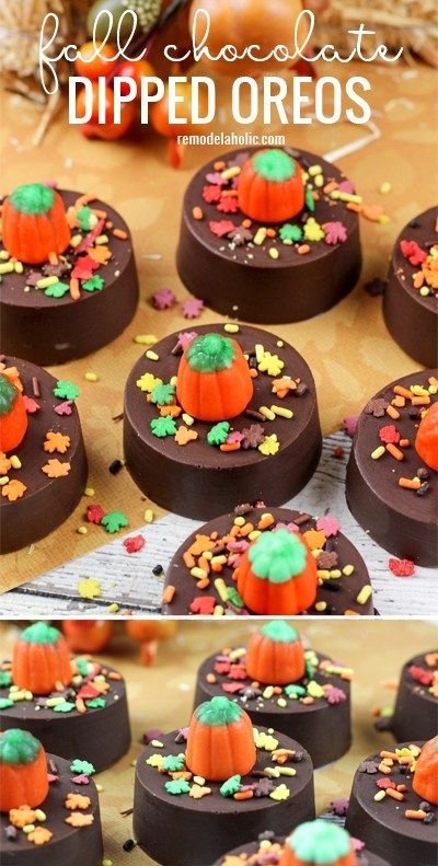 The perfect fall or halloween treat! Fall chocolate dipped oreos via Remodelaholic.com #falldesserts #halloween #halloweendesserts Cake Sicles, Pumpkin Dip Recipe, Thanksgiving Chocolates, Oreo Treats, Postres Halloween, Fall Cake, Themed Treats, Chocolate Dipped Oreos, Dipped Oreos