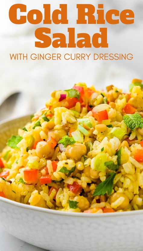 This quick and easy cold rice salad with homemade ginger curry dressing is a simple, healthy side dish for summer. With sweet bell peppers, chick peas, pine nuts, golden raisins, mint and a tangy curry ginger vinaigrette it's a great make ahead dish for cookouts and potlucks. #ricesalad #coldricesalad Cold Rice Salad Recipes, Rice Salad Cold, Salads For Summer, Curried Rice Salad, Curried Rice, Curry Dressing, Rice Salads, Grain Dishes, Ginger Vinaigrette