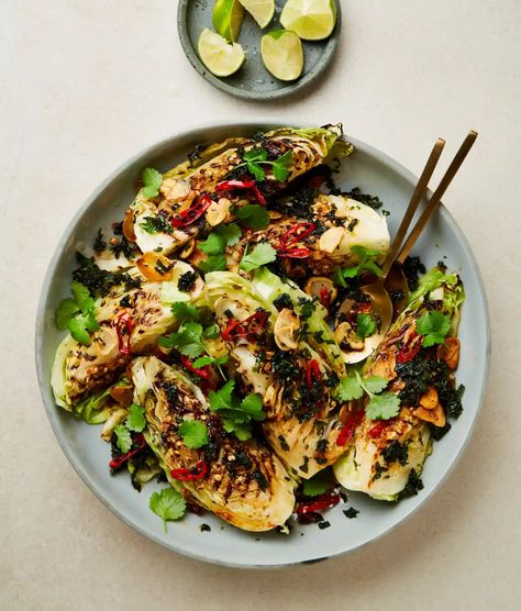 Brassica Recipes, Hispi Cabbage, Coconut Kale, Sweet Cabbage, Yotam Ottolenghi Recipes, Chickpea Coconut Curry, Ottolenghi Recipes, Red Pepper Sauce, Lime Oil