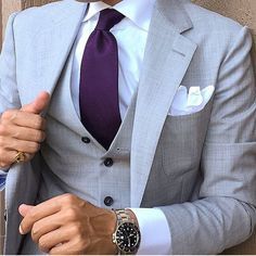 You can't go wrong with this light grey and purple combo for the groom and his men. Suit by @theblacklabelsuits via @danielre #GroomInspiration #ThreePiece #MensFashion #MensWear #MensStyle #SuitAndTie Grey Suit Styling, Mens Attire, Grey Suit, Purple Tie, Sharp Dressed Man, Men’s Suits, Gray Suit, Wedding Suits Men, Suit Style