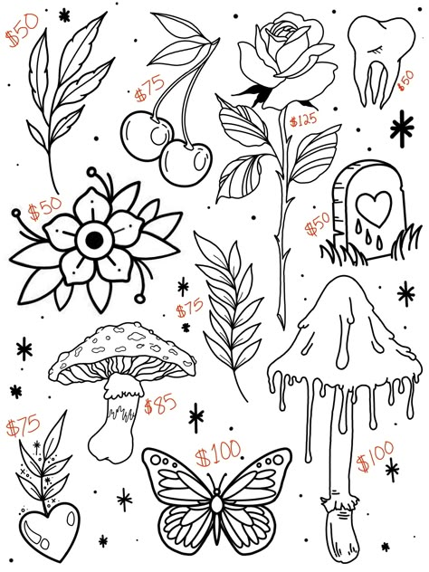 Flash Art Tattoo Ideas Simple, Flash Tattoo Sleeve Women, Plant Tattoo Stencil, Earthy Flash Tattoo, Girly Flash Tattoo Ideas, Summer Flash Tattoo, Mushroom Flash Art, Simple Flash Sheet, Mushroom Tattoo Flash Sheet