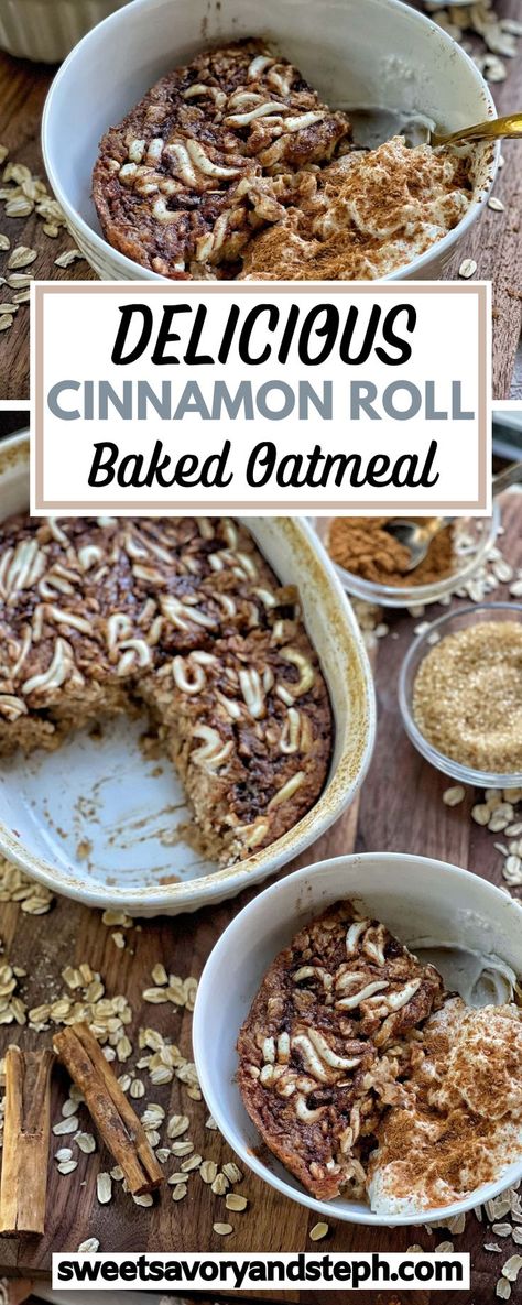 This Cinnamon Roll Baked Oatmeal can best be described as dessert for breakfast. With only a few ingredients, you will have a simple breakfast meal that you can prep for the week that is easily reheated and enjoyed every morning you would like for a sweet treat! See how simple this baked oatmeal is to make on the blog. Oatmeal With Yogurt, Cinnamon Roll Baked Oatmeal, Healthy Baked Oatmeal, Oatmeal Cinnamon, Yogurt And Fruit, Old Fashioned Oats, Cinnamon Roll Bake, Dessert For Breakfast, Cinnamon Roll Pancakes