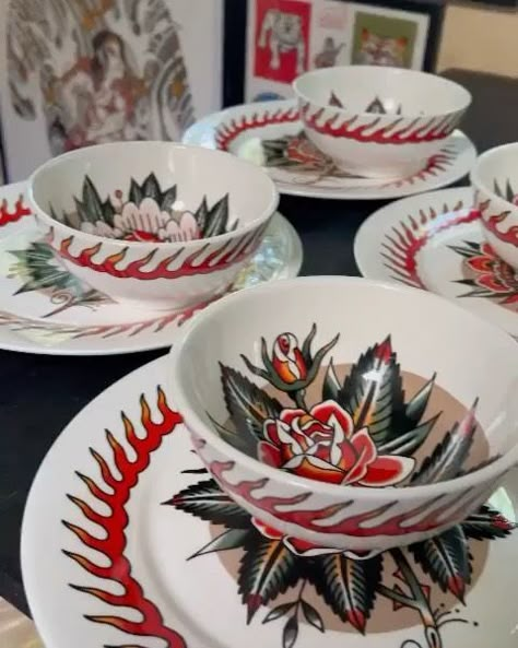 Traditional Old School Tattoos on Instagram: "The new Flower Plate & Bowl set by the guys at @taketothegrave designed by @alexduquettetattoos made of heavy bone china. The plates are available right now on their website and the bowls will be available in the coming months. Limited to 300 plates and 150 bowl sets. $99🇨🇦 or $79🇺🇸 per set. Go check them out! ... ... ... ... #traditionalartist #traditionaltattoo #taketothegrave #sailorjerry #besttradtattoos #oldschooltattoos #americantraditional Tattoo Ceramics, Tattoo Kitchen, Tattoo Decor, Couples Room, Old School Tattoos, Tattoo Posters, Design Thinking Process, Bowl Sets, Traditional Flash