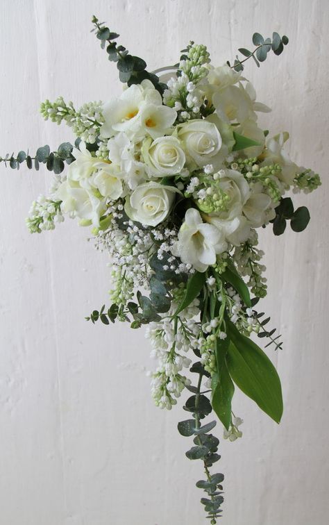 The Flower Magician: Retro 1950's Style Wedding Bouquet Cascading Bouquet White, White Peony Bouquet Wedding, Shower Bouquet, Vintage Bridal Bouquet, White Freesia, Campground Wedding, Elegant Wedding Bouquets, Vintage Bouquet Wedding, Cascading Bridal Bouquets