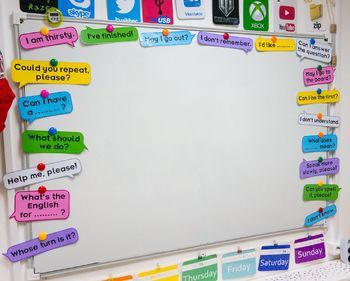 Speech bubbles for classroom language by Language Stuff | TpT Classroom English Decor, English Language Classroom Decoration, English Board Decoration Ideas, White Board Decoration Ideas Classroom, English Decoration Classroom, English Corner Classroom Ideas, English Charts For Classroom, English Class Decoration, English Classroom Decoration