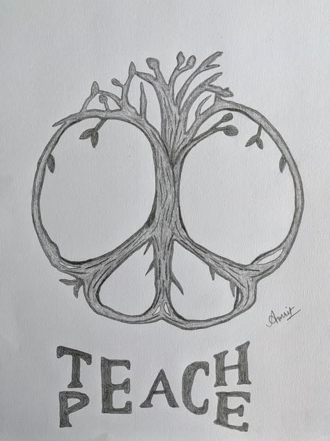 #tree #peace Peace On Earth Tattoo, Tree Peace Sign Tattoo, Peace And Harmony Drawing, Tattoos That Represent Peace, Peace Tattoo Ideas, Peace Sign Drawing, Religion Tattoos, Peace Drawing, Peace Sign Tattoos