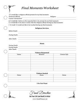 Make sure your final moments are peaceful with this worksheet outlining religious services, location, music and permitted visitors. Free to download and print Final Wishes Planner Free, Retirement Checklist, Life Checklist, Organizing Important Papers, Final Wishes, Funny Lists, Estate Planning Checklist, Emergency Binder, When Someone Dies