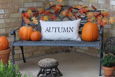 Autumn pillow on bench--flips to say Winter! Halloween Decorations Outdoor Porch, Outside Fall Decor, Fall Deco, Autumn Decorating, Fall Front Porch, Fall Outdoor Decor, Fall Decorations Porch, Fall Front, Fabulous Fall