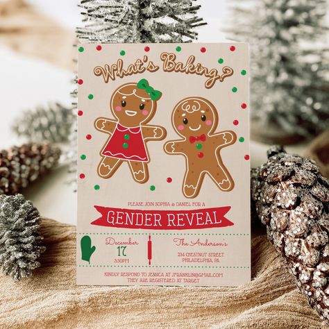 What's Baking Gender Reveal Invitation - baby gender reveal Gingerbread Gender Reveal, Christmas Gender Reveal, Gingerbread Cards, Gender Reveal Party Invitations, Holiday Fonts, Girl Gender Reveal, Cookies For Kids, Gender Reveal Invitations, Baby Gender Reveal