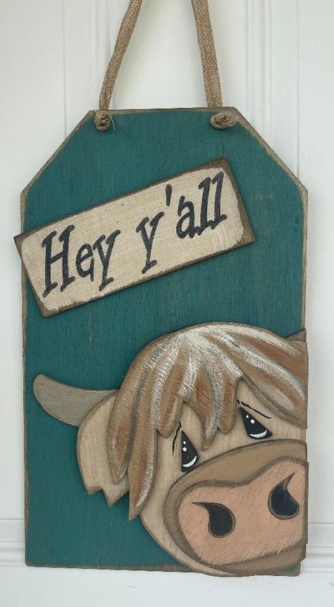 Highland Cow Hospital Door Hanger, Highlander Cow Door Hanger, Wood Cow Head Door Hanger, Painted Cow Head Door Hanger, Highland Cow Wood Cutout, Barnyard Decor, Woodworking Carpentry, Wine Painting, Craft Booth Displays