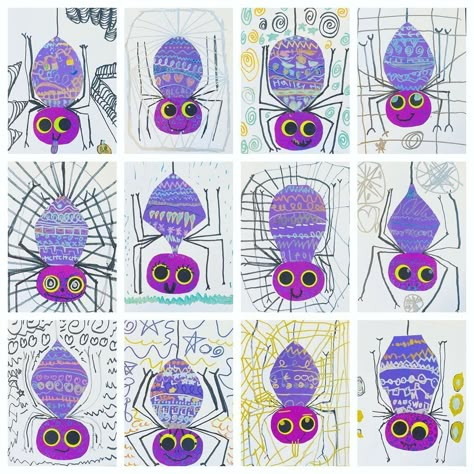 Line and pattern design spider babies. 💜🕷💜🕷💜 Inspired by @garethlucasart project tutorial available on TPT 💜🕷 | Instagram One Day Halloween Art Lesson, Halloween Art Projects For Middle School, September Art Projects, Line Pattern Design, Afternoon Activities, Line Art Projects, Line Art Lesson, 3rd Grade Art Lesson, First Grade Art