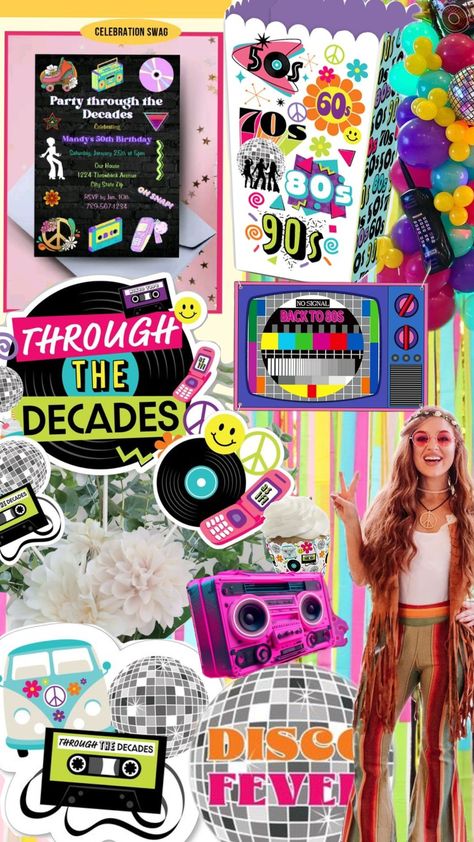 Party Through The Decades #decades #70s #80s #90s 70s 80s 90s Aesthetic, Swag Party, Decades Party, Spring Date, Bday Party Theme, Through The Decades, 90s Aesthetic, 50th Birthday, Bday Party