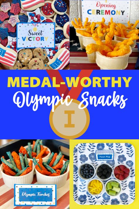 Olympic Party Food, Olympic Snacks, Blue Takis, Olympic Food, Olympic Theme Party, Olympic Idea, Kids Olympics, Gymnastics Events, Theme Snack