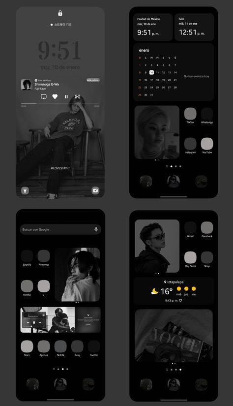 Iphone App Layout Aesthetic Black, Phone App Design Layout, Black Aesthetic Homescreen Layout, Iphone Wallpaper Icon Ideas, Black Phone Theme Aesthetic, Samsung Icons Organize, Kpop Homescreen Layout Android, Homescreen Inspo Android, Iphone Black Theme