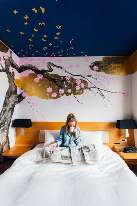 A unique boutique hotel room in Tokyo featuring Cherry Blossom Artwork Park Hotel Tokyo, Tokyo Bedroom, Cherry Blossom Room, Tara Milk Tea, Boutique Hotel Room, Unique Stays, Theme Hotel, Japanese Wall Decor, Room Looks