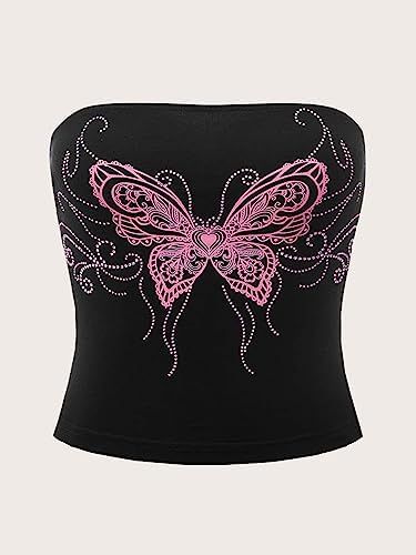 Rhinestone Tube Top, Y2k Shirts, Socialite Style, Y2k Baddie, Rhinestone Fabric, Shein Clothing, Y2k Crop Top, Female Tops, Fabric Butterfly