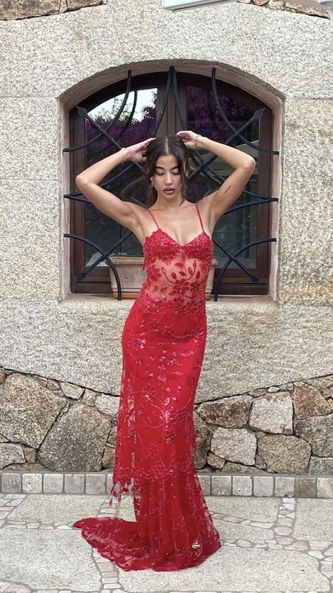 Red Prom Dress Lace, Tomato Girl Summer, Clio Peppiatt, Mesh Prom Dress, Matric Dance Dresses, Tomato Girl, Red Lace Prom Dress, Prom Dress Inspo, Matric Dance