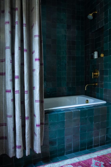 Dark Blue Bathroom, Aesthetic Bathroom Decor, 20 Aesthetic, Nook Table, Aesthetic Bathroom, Vintage Light Fixtures, Colourful Tile, Blue Tile, Custom Shower Curtains