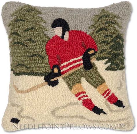 Handmade Ice Hockey Hooked Pillow Christmas Cabin Decor, Hand Hooked Pillows, Hockey Decor, Hooked Pillow, Cabin Christmas, Hooked Wool, Needle Punch, Holiday Pillows, Christmas Charms