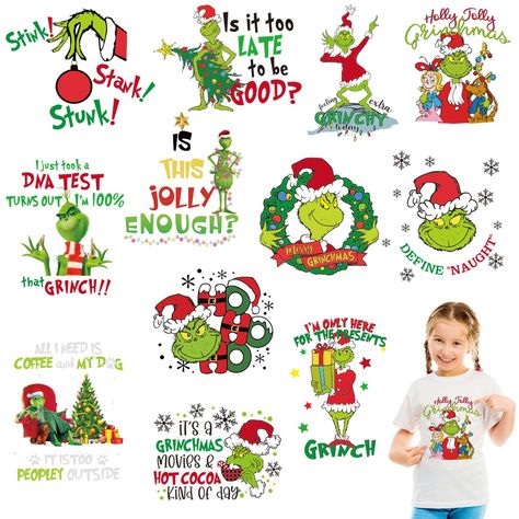 PRICES MAY VARY. Grinchs Iron On Patches:The Christmas heat transfer vinyl sets are full of cute classic Grinchs patterns.They are vividly printed with noticeable words.They can light up the atmosphere of Christmas and bring you joy. Package Include:Our Christmas heat transfer vinyl include 12 sheets of Grinchs heat transfer stickers,plus one instruction.Enough patterns are provided for you to use.The length and width runs from 6 to 9 inch according to different patters,perfect size for both kid Christmas Iron On Transfers, Ironing Pad, Diy Crafts Christmas, Hoodie Diy, Diy Pillow Covers, Diy Backpack, Christmas T Shirt Design, Heat Transfer Design, Green Monsters