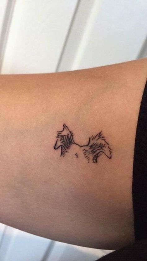 Would love to have a tattoo of my pups ears like this one Yorkie Ears Tattoo, Outline Tattoo Placement, Doggie Tattoos, Dog Ear Outline Tattoo, Ear Outline Tattoo, Labrador Tattoo, Penny Tattoo, Tattoo Collar Bone, Dog Ear Tattoo