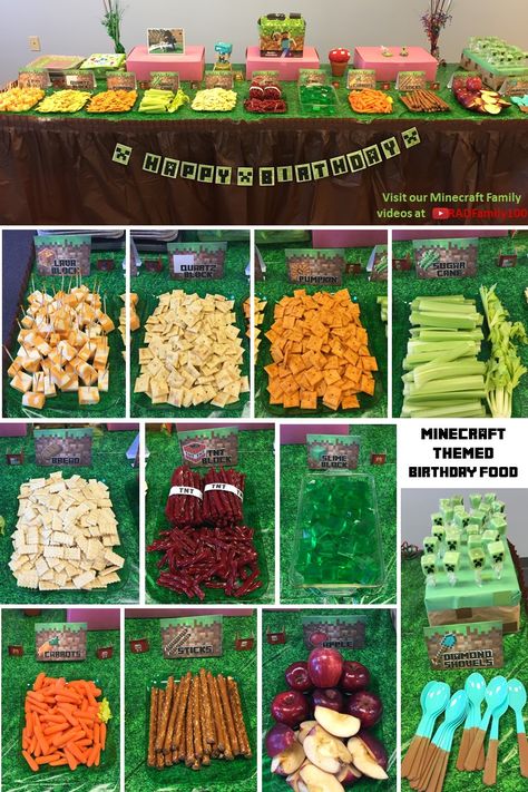 Minecraft Appetizers, Minecraft Finger Foods, Minecraft Party Snack Ideas, Minecraft Birthday Party Snacks, Mindcraft Party Food, Minecraft Charcuterie Board, Minecraft Birthday Party Ideas Food, Minecraft Party Foods, Minecraft Lunch Ideas