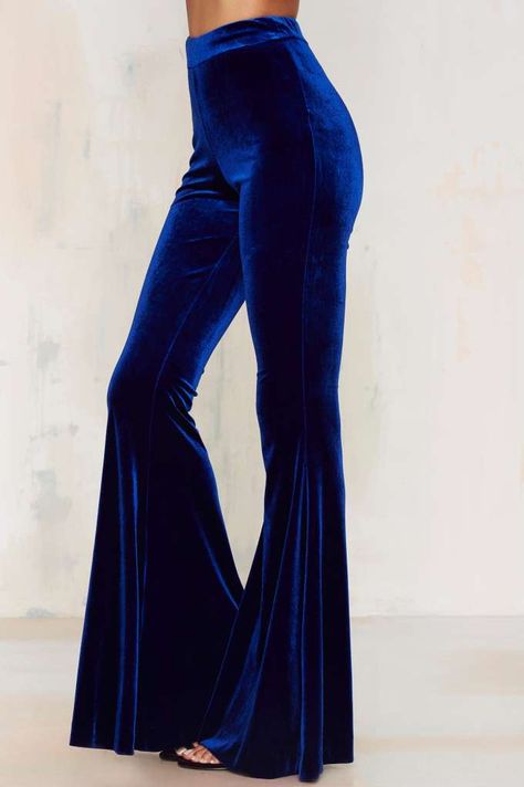 Nasty Gal Annabel Lee Velvet Flare Pants - Blue - Clothes | Best Sellers | Party Shop | Wide Leg + Flare | Pants Ssense Fashion, Blue High Waisted Pants, Blue Velvet Pants, High Waisted Bell Bottoms, Velvet Bell Bottoms, Bell Bottom Trousers, Velvet Flare Pants, Velvet Flares, Pants High Waisted