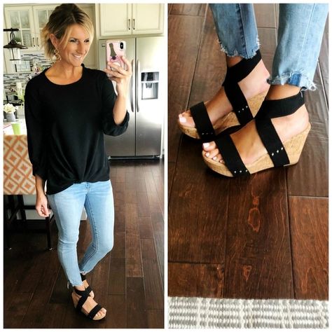 How to Wear a Twist Hem Top // How to Wear Platform Wedges and Cropped Jeans // Twist Hem Top with Cropped Jeggings and Black Strappy Wedges // Comfortable Wedge Sandals under $80 // Outfit of the Day // Spring Fashion #shopthelook #howto #howtowearatwisthemtop #platformwedgesandals #wedge #croppedjeggings #blackstrappywedges #comfortablewedgesandals #summeroutfit #springoutfit #springfashion #ootd Black Platform Sandals Outfit, Wedges With Jeans, Jean Sandals Outfit, Wedge Sandals Outfit, Wedges Outfit, Outfit With Wedges, Comfortable Wedges Sandals, Black Strappy Wedges, Summer Shoes Wedges