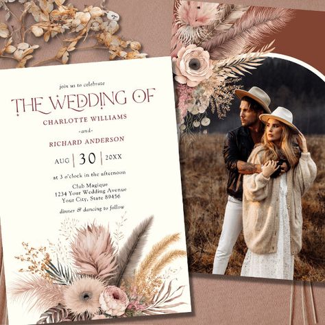 Boho Pampas Grass Terracotta Photo Wedding Invitation Wedding Invitations Terracotta, Wedding Invitation Photo, Boho Wedding Invitation Template, Boho Wedding Invitation, Terracotta Wedding, Rustic Boho Wedding, Grass Wedding, Dried Florals, Fall Wedding Invitations