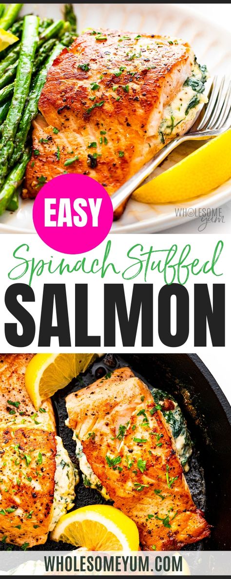 Stuffed SalmonBasil Pesto Salmon Blackened Salmon Creamy Tuscan Salmon Parmesan Crusted Salmon  - The first stuffed salmon recipe I ever made was my crab stuffed salmon, but recently I had a thought that the creamy filling from my spinach stuffed chicken would taste just as amazing enveloped in flaky salmon. And it does. Say hello to my spinach stuffed salmon! This time I went with individual salmon fillets instead of a whole one, and tested the recipe using 2 cooking methods to give you options Spinach And Crab Stuffed Salmon With Lemon Cream Sauce, Creamy Spinach Stuffed Salmon, Blackened Salmon Stuffed With Spinach And Parmesan, Spinach And Crab Stuffed Salmon, Salmon Parmesan Crusted, Stuffed Salmon Recipes Spinach, Stuffed Salmon Recipes, Salmon Blackened, Whole Salmon Recipe