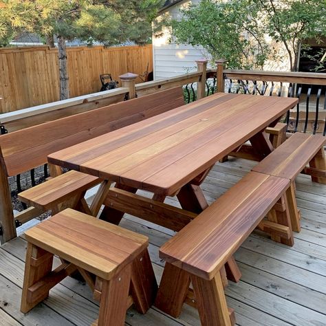 Forever Picnic Tables (Unattached Benches) (Options: 7' L, 34 ½" W, Side and End Benches, California Redwood, 1 Full Length Fullback Bench on One Side, and 2 Half Length Picnic Benches on the Other Side, Standard Tabletop, Squared Corners, 2" Diameter Umbrella Hole, Transparent Premium Sealant). Photo Courtesy of I. Miller of Longmont, Colorado. Deck With Picnic Table, Long Picnic Table Outdoor Dining, Convert A Bench Picnic Tables, Double Picnic Table, Condiment Picnic Table Plans, Wooden Picnic Tables, Picnic Bench, Dining Table Design, Wood Dining Table