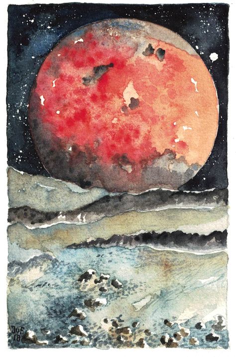 Sci Fi Watercolor, Mars Watercolor, Planets Watercolor, Mars Painting, Big Paintings, Nasa Art, Twins Nursery, Space Watercolor, Watercolour Ideas