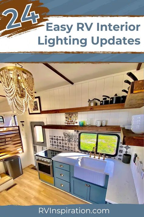 We love to share how to renovate your camper and turn it into a home on wheels. Most renovators go for paint and new floors, but those who really want to transform a space know to look into easy RV interior lighting updates. Maybe you want to add a chandelier over your dining table or replace the bedside lights. These easy upgrades can take an RV from looking factory-built to custom-made. #rvdecor #rvinspiration Camper Lighting Interior, Rv Lights Interiors, Rv Puck Light Makeover, Camper Chandelier, Diy Rv Light Covers, Camper Light Fixtures, Camper Lighting Ideas, Rv Light Fixture Makeover, Trailer Boutique