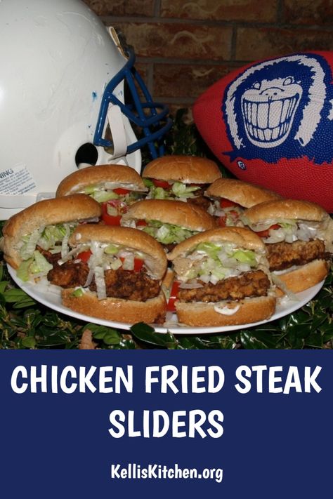 CHICKEN FRIED STEAK SLIDERS Chicken Fried Steak Sliders, Country Fried Steak Sandwich Recipe, Leftover Chicken Fried Steak, Chicken Fried Steak Sandwich, Chicken Fried Steak Sandwich Recipe, Chicken Drumstick Recipes Crockpot, Yummy Burgers, Steak Sandwich Recipe, Steak Sliders