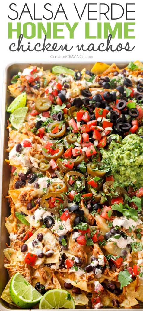 Carlsbad Cravings Recipes, Chicken Nachos Recipe, Nacho Toppings, Toppings Bar, Mexican Shredded Chicken, Verde Chicken, Honey Lime Chicken, Cravings Recipes, Salsa Verde Chicken