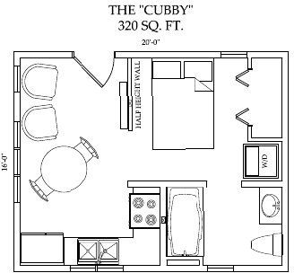 Cubby. Only 320 sq ft, but pretty well packed with everything needed including a closet in the bed room and a closet space at the end of the hall for a washer dryer.  I might take the table out and put one that is fold down on the wall under the windows.  And personally I would rather have a love seat or even a comfy chair and a half than two club chairs. Comfy Floor Seating, Studio Floor Plans, Wohne Im Tiny House, Small Floor Plans, Cabin Floor Plans, Small House Floor Plans, Apartment Floor Plans, Tiny House Floor Plans, Cottage Plan