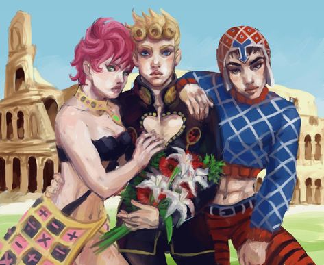 Trish, Giorno & Mista Giorno X Trish, The Big Three, Big Three, Jojo Bizzare Adventure, Jojo Bizarre, Jojo's Bizarre Adventure, Anime, Fictional Characters, Art