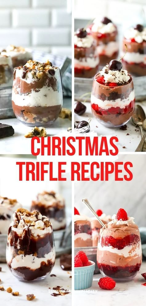 Christmas Trifle Recipes are so easy and so delicious with their layers of chocolate cake or brownies, pudding and cream. This classic layered dessert feeds your holiday crowd perfectly! No Bake Cheesecake Trifle, Single Serve Trifle Desserts, Classic Trifle Recipes, Chocolate Trifle Recipes Easy, Brownie Trifle Recipes Easy, Holiday Pudding Desserts, Brownie Layered Desserts, Layered Christmas Desserts, Christmas Layered Dessert