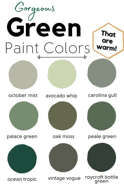 9 shades of light, medium, and dark green interior paint colors. Good Green Paint Colors, Green Theme House Interior, Best Exterior Green Paint Colors, Medium Green Paint Colors, Warm Green Paint Colors, Green Living Room Paint Colors, Shades Of Green Paint, Green Kitchen Paint, Emerald Green Paint