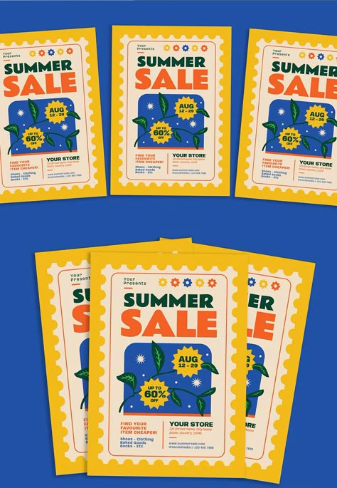 Retro Summer Sale Flyer Template AI, PSD Retro Book Design, Summer Pubmat, Coupon Graphic Design, Retro Flyer Design, Retro Layout Design, Cute Flyer Design, Summer Poster Ideas, Retro Pubmat, Canva Flyer Ideas