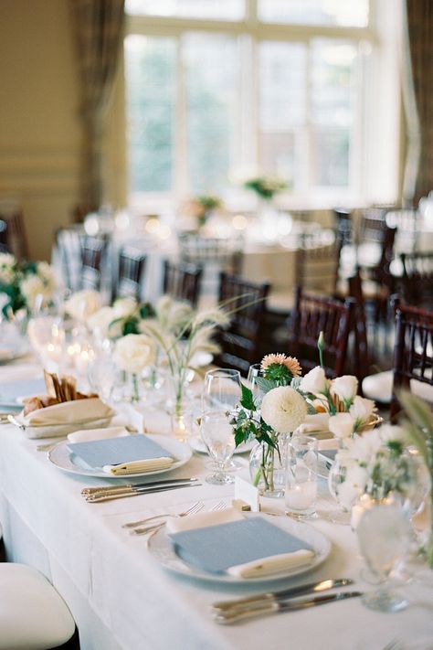 This summer wedding reception had a mix of modern elements with a soft palette of pale peach, blush, and white. Guests spent the evening celebrating with heartfelt toasts, dinner, and dancing and it could not have been more perfect. More decor details on stylemepretty.com! Photography: @annapeter_s Light Airy Wedding Decor, Long Table Wedding Indoor, Light And Airy Wedding Florals, Ethereal Wedding Indoor, Wedding Place Settings White Tablecloth, Summer Wedding Reception, Ceremony Music, Museum Wedding, Wedding Table Decorations