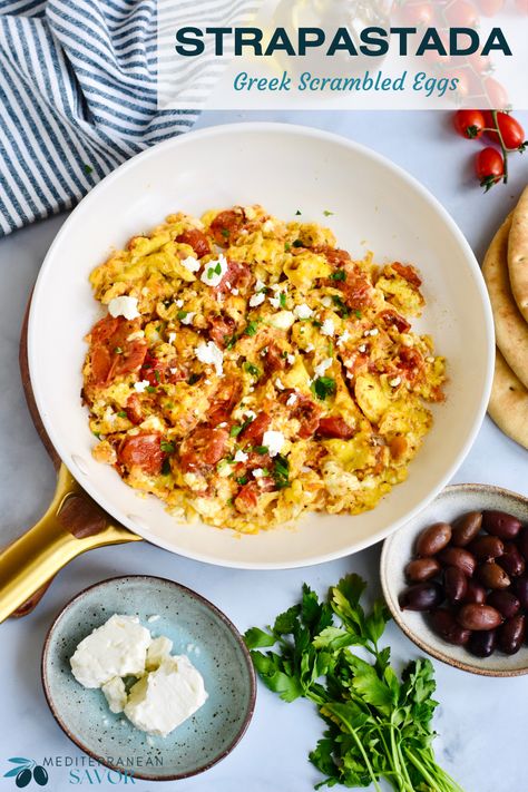 Greek scrambled eggs with feta, tomatoes, olives and pita bread Greek Scrambled Eggs, Greek Yogurt Scrambled Eggs, Greek Eggs Breakfast, Greek Breakfast Traditional, Simple Mediterranean Recipes, Pita Breakfast, Greek Breakfast Recipes, Greek Eggs, Feta Eggs