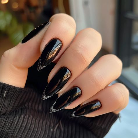 black-french-tip-nails Black On Black Nails French, Black Silver Tip Nails, Black Nails With Silver French Tip, Black Nails Chrome Tips, Black On Black French Tip Nails, Black White Nails Ideas, Black With Neon Nails, Black French Tip Chrome Nails, Black Nails With French Tip