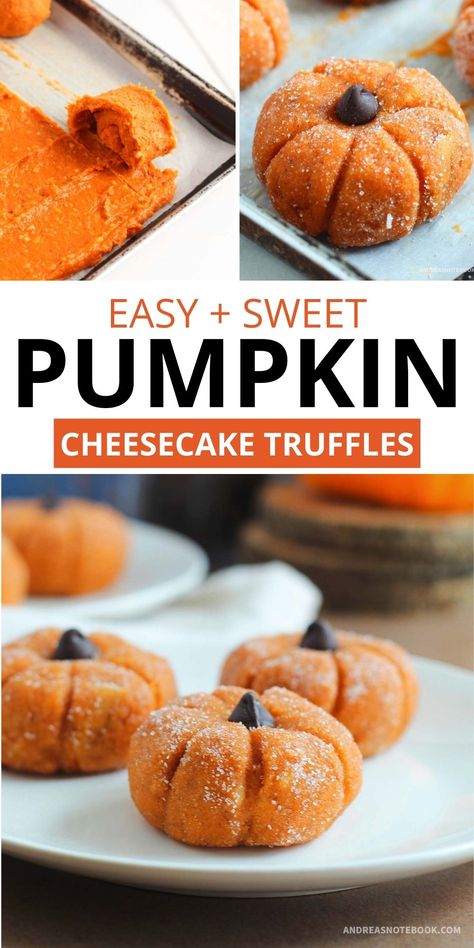 Pumpkin Pie Cheesecake Truffles 12 Tomatoes, Fall Themed Baked Treats, Pumpkin Cheesecake Pops, Pumpkin Shaped Muffins, Pumpkin Shaped Food Ideas, Pumpkin Cheesecake Truffle Balls, Fall Candy Treats, Pumpkin Truffles Recipe, Pumpkin Spice Cheesecake Balls