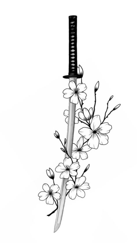 This striking black and white tattoo design features a traditional Japanese katana with a detailed hilt and blade, intertwined with delicate cherry blossoms. The cherry blossoms, known as sakura in Japanese culture, symbolize the transient nature of life and beauty. This design is perfect for those who appreciate Japanese aesthetics and the symbolism of the katana as a symbol of honor and strength. Line Art Drawings Tattoo Ideas, Long Tattoo Cover Up, Unique Japanese Tattoos, Japanese Tattoos Design, Small Tattoos Japanese, Samurai Tattoo Forearm, Japanese Tattoo Designs Ideas, Samurai Art Tattoo, Japanese Small Tattoo