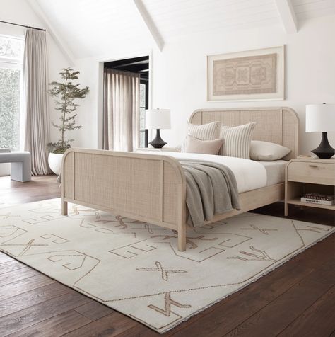 Create a gradient of neutral hues with a graphic ivory rug, whitewashed cane furniture, and a black table lamp that pops in a tonal room. Solid Oak Beds, Oak Bed Frame, Cane Bed, Wood Platform Bed Frame, Small Bedrooms, Oak Beds, Cane Furniture, Lulu And Georgia, Wood Platform Bed